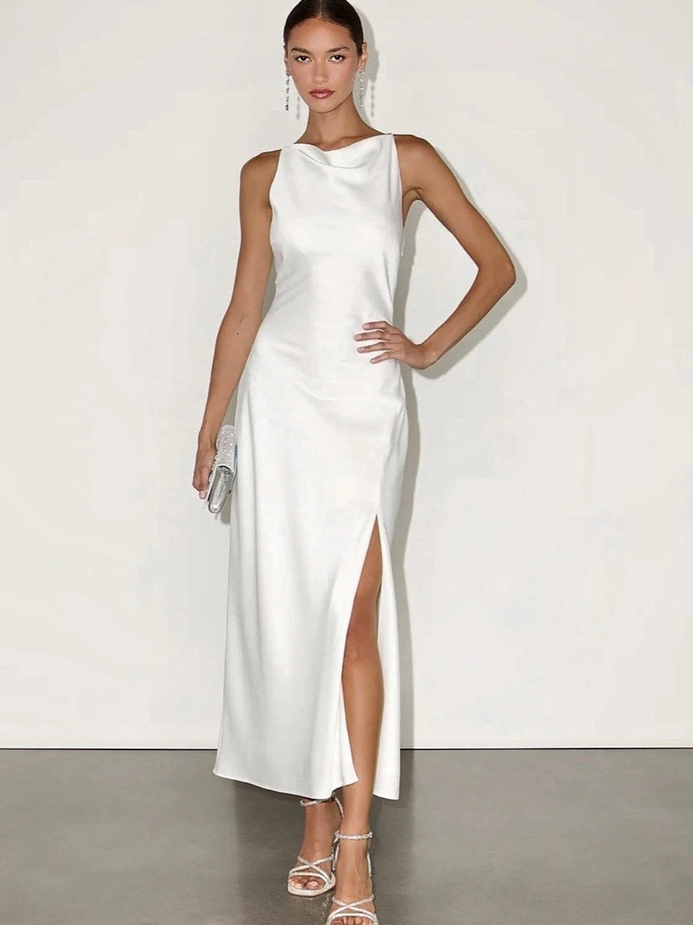 Lulus White Satin Cowl Neck Midi Dress